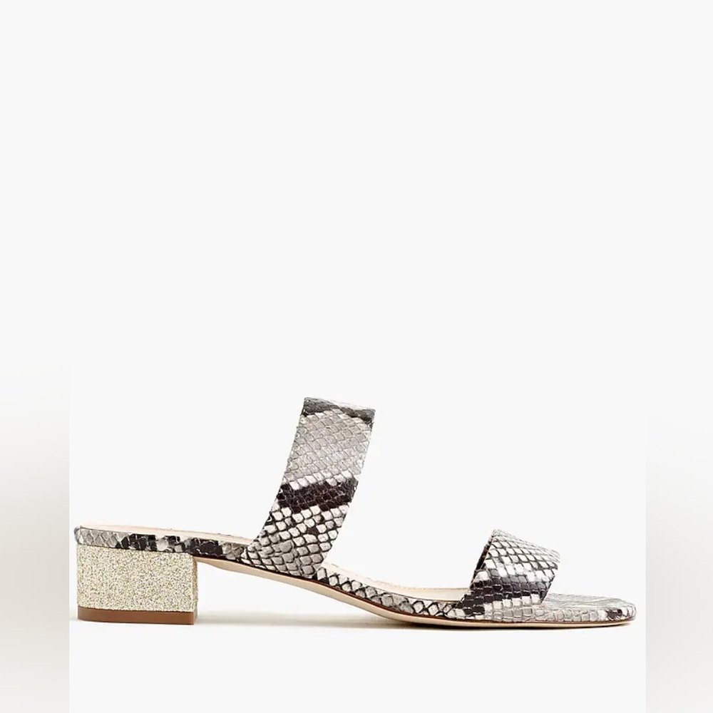 J. Crew Double-Strap Leather Slides In Faux Snakeskin Fold Glitter Heel Size 5